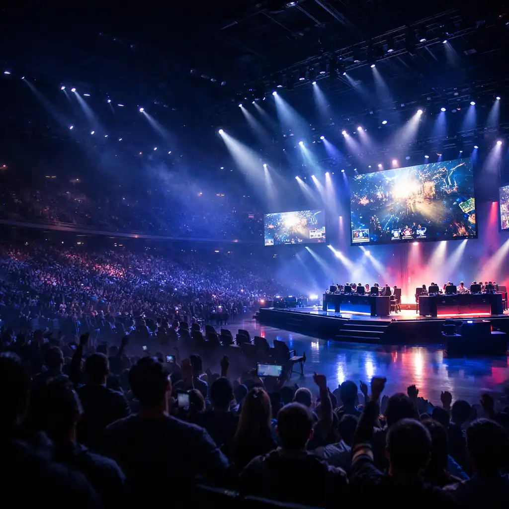 Arena esportowa z oświetloną sceną i publicznością