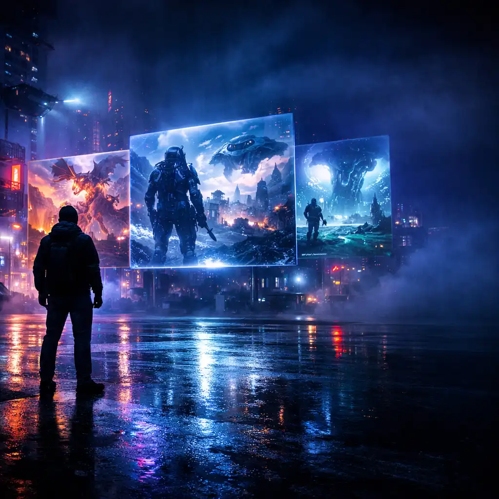 Futurystyczne miasto nocą i gracz patrzący na hologramy