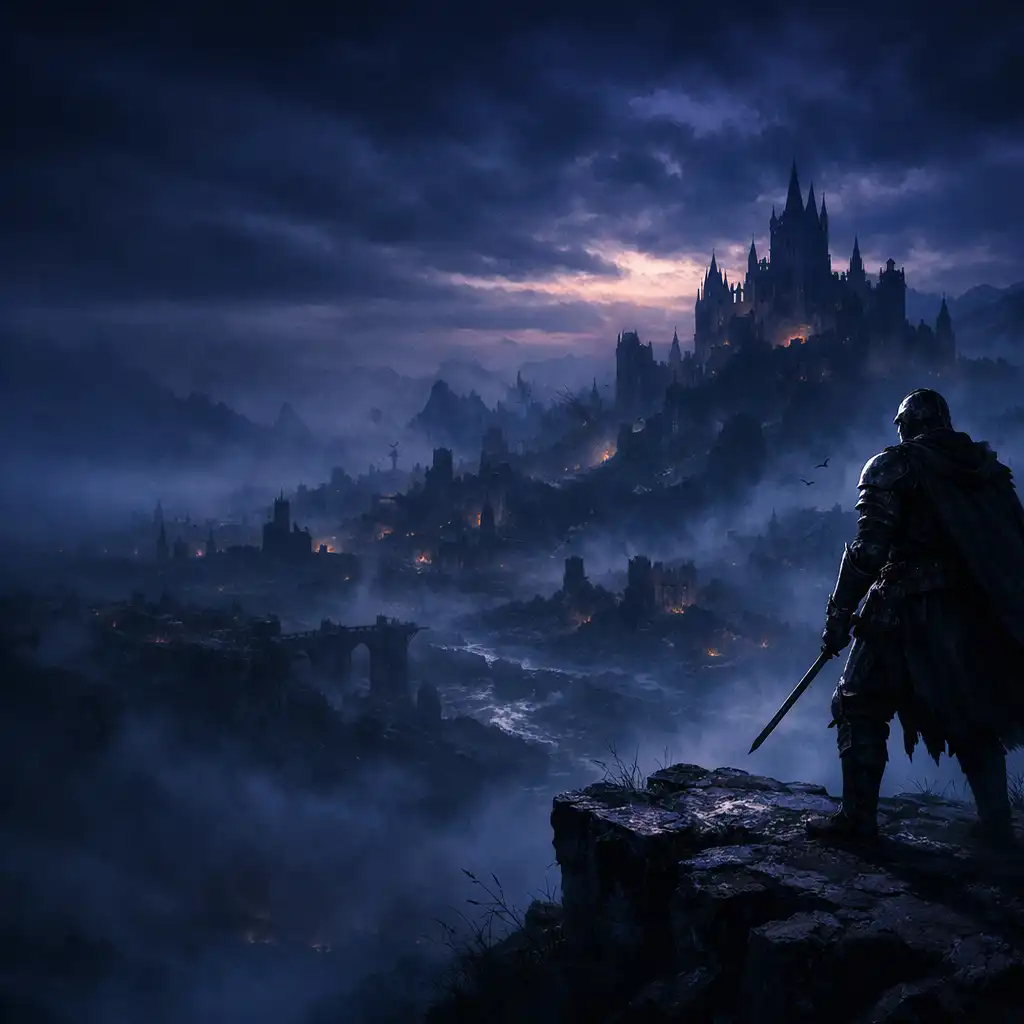 Cinematiczna scena fantasy z bohaterem na klifie